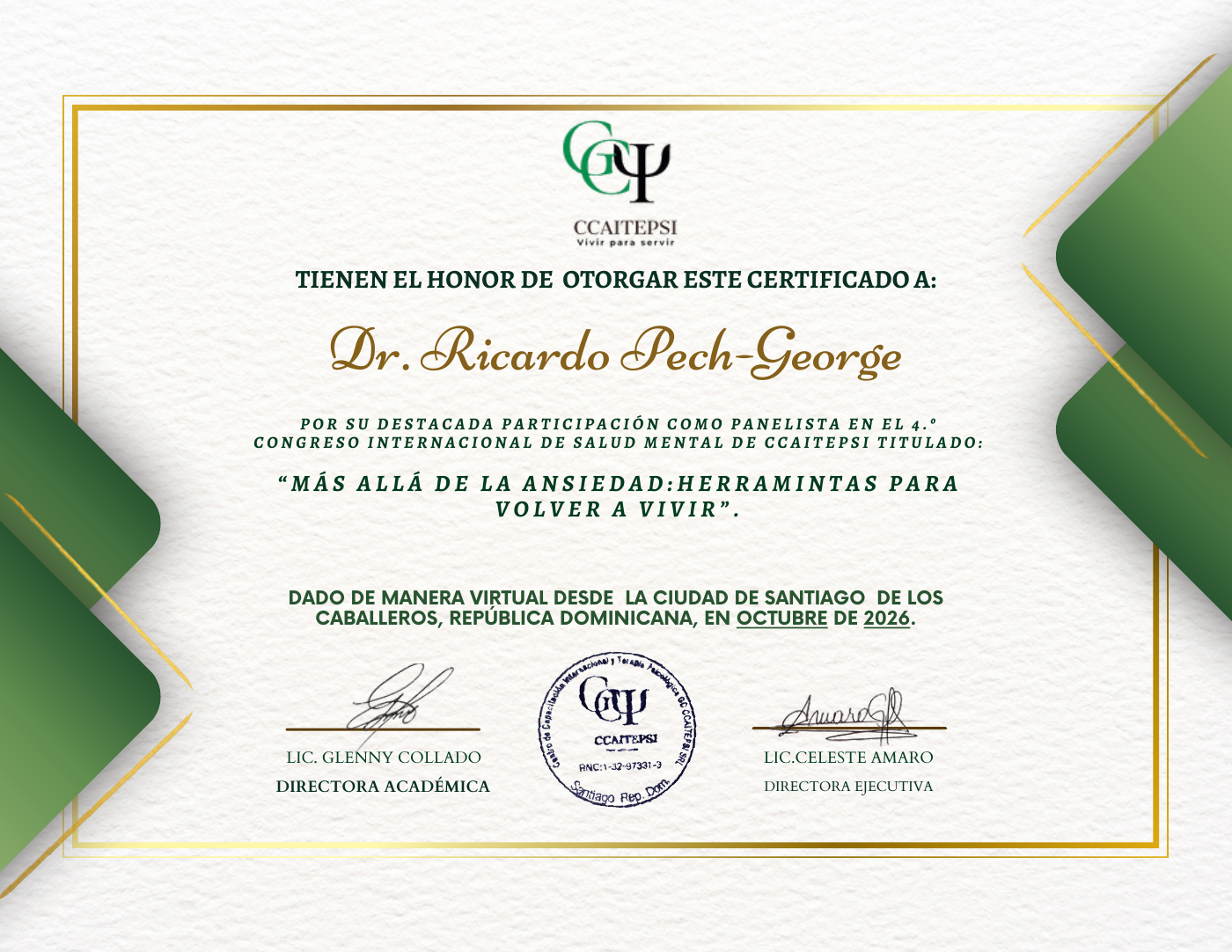 Certificado de participación como panelista en el 4.º Congreso Internacional de Salud Mental de CCAITEPSI
